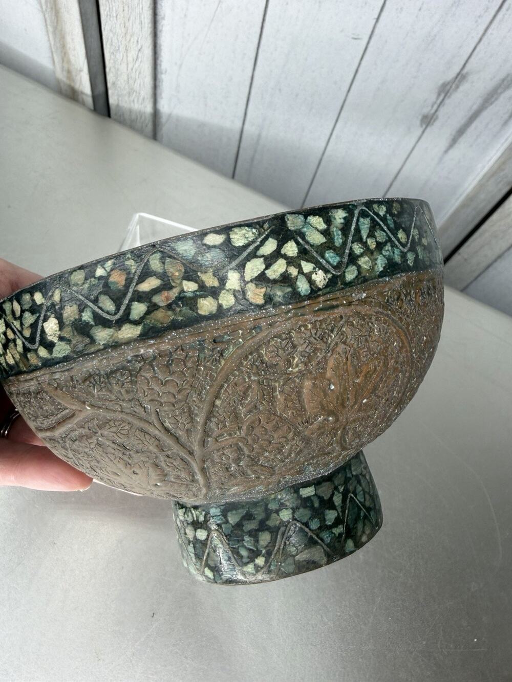 Vintage Middle Eastern Tinned Copper Embossed Pedestal Bowl Hand Painted
